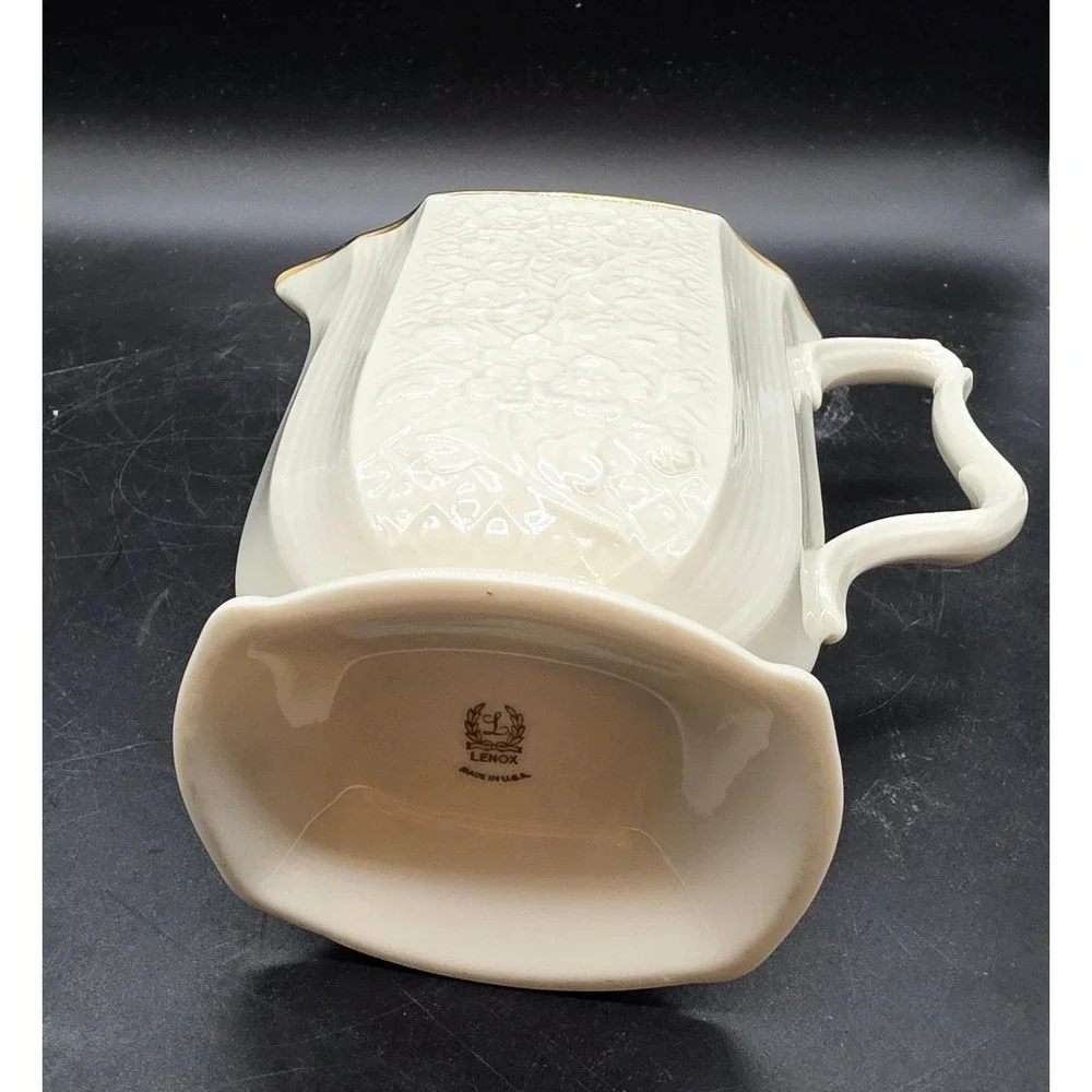 Lenox Vintage Floral Embossed Cream Pitcher- Gold Trim Cottagecore USA Made